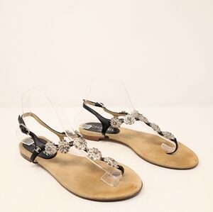 Chanel Camellia CC flat Thong Sandals Black Leather Size 38.5